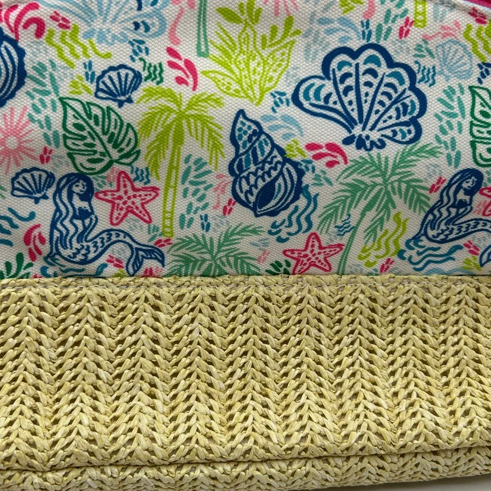Colorful Tropical Mermaid Shell Cosmetic Bag‎ Woven Bottom Zip Pouch Travel NWOT